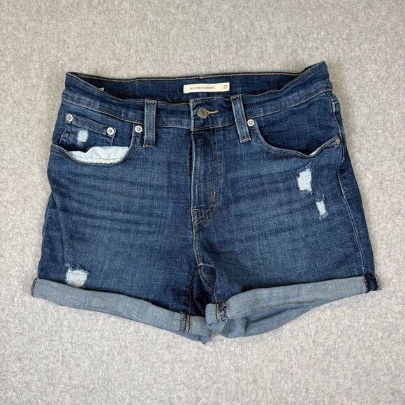 Levis Women Size 27 Mid Length Denim Shorts Blue Distressed 4" Inseam Cuffed Hem - Picture 1 of 7